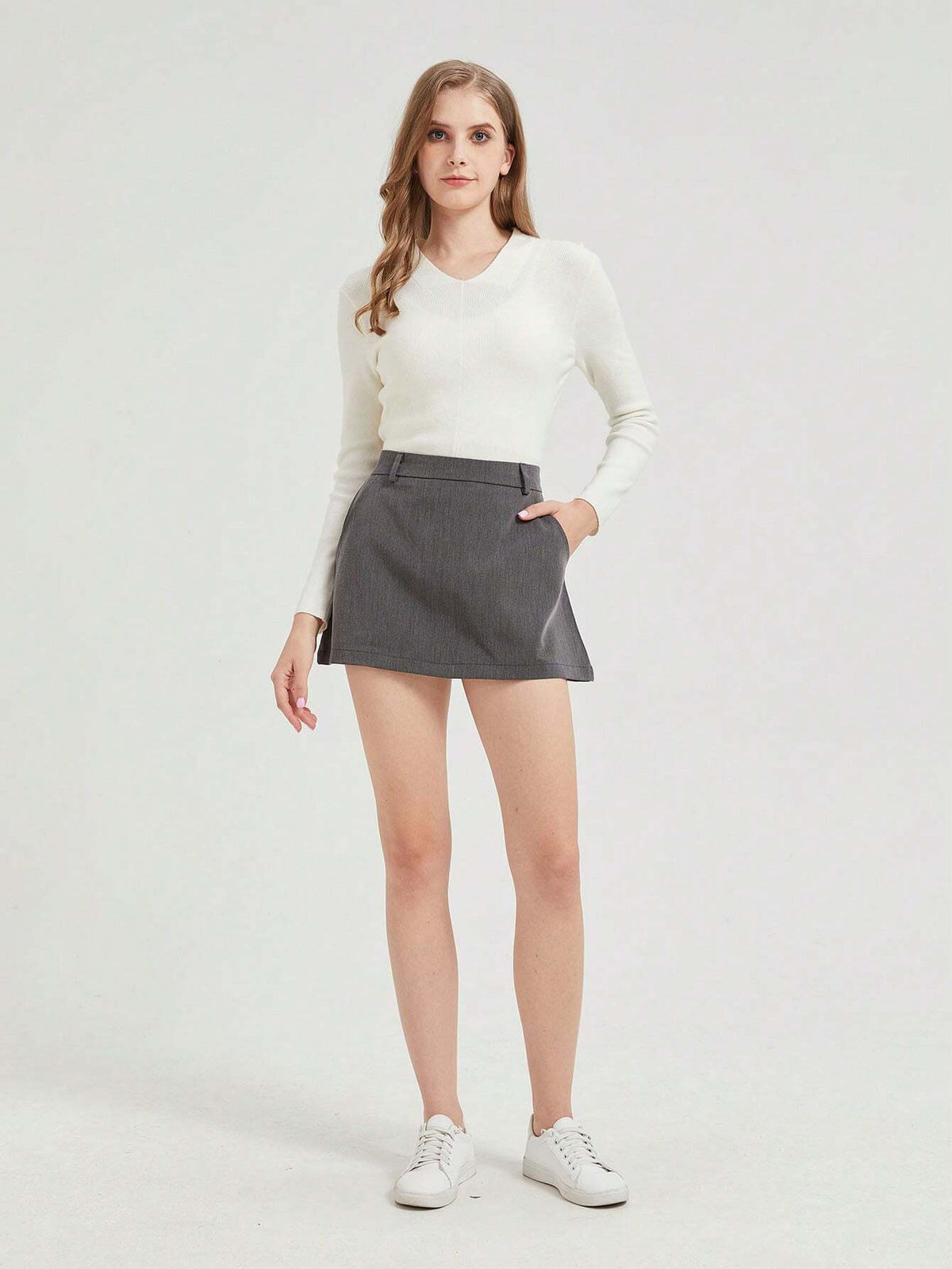 Plain Color High Waist A-Line Mini Skirt, Suitable For Casual And Work Wear