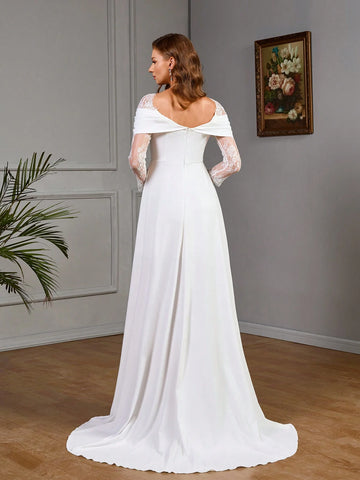 Plain Color Off-Shoulder Long Sleeve Contrast Lace Split Hem Simple & Elegant Wedding Dress