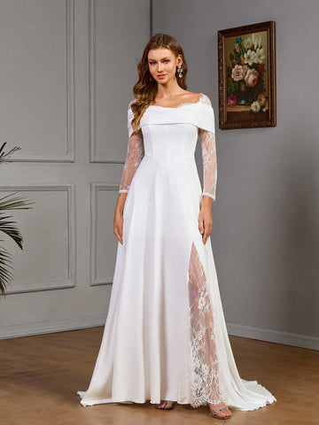 Plain Color Off-Shoulder Long Sleeve Contrast Lace Split Hem Simple & Elegant Wedding Dress