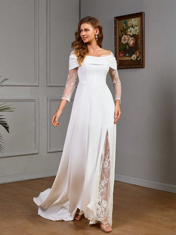 Plain Color Off-Shoulder Long Sleeve Contrast Lace Split Hem Simple & Elegant Wedding Dress