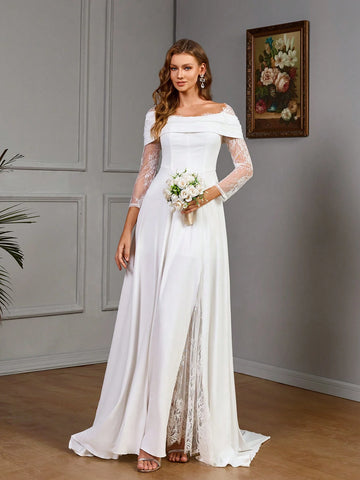 Plain Color Off-Shoulder Long Sleeve Contrast Lace Split Hem Simple & Elegant Wedding Dress