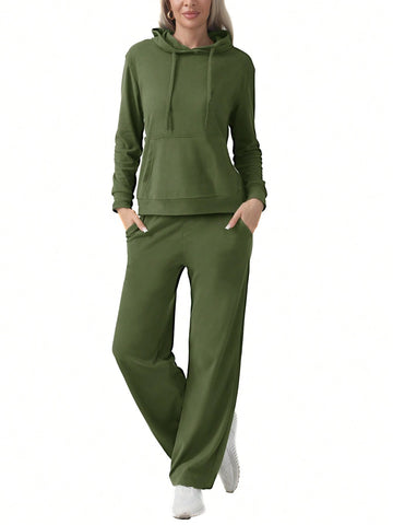 Plain Hooded Sweatshirt And Loose Fit Sports Set