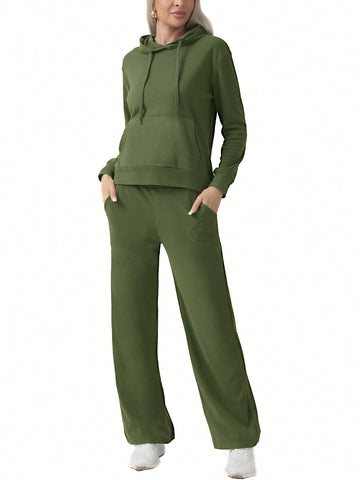 Plain Hooded Sweatshirt And Loose Fit Sports Set