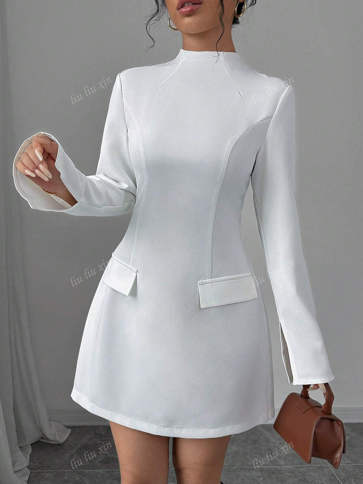 Plain Long Sleeve Decorative Pocket Stand Collar Bodycon Dress