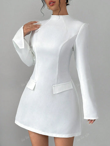 Plain Long Sleeve Decorative Pocket Stand Collar Bodycon Dress