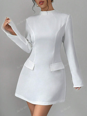 Plain Long Sleeve Decorative Pocket Stand Collar Bodycon Dress