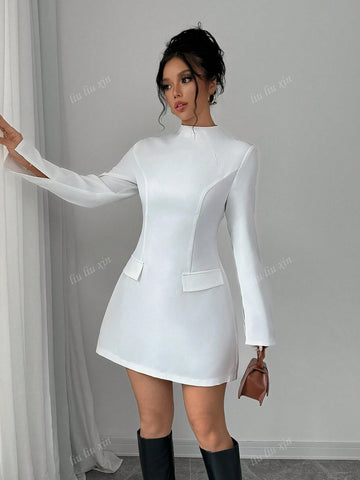 Plain Long Sleeve Decorative Pocket Stand Collar Bodycon Dress