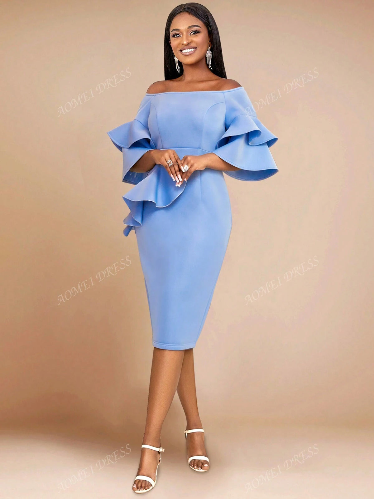 Plain Off-Shoulder Ruffled Hem Casual Fitted Dress