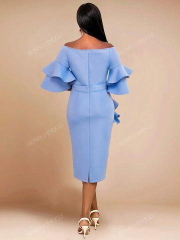 Plain Off-Shoulder Ruffled Hem Casual Fitted Dress