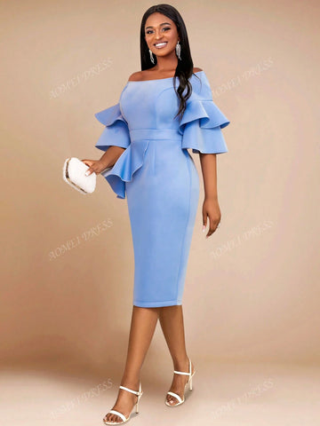Plain Off-Shoulder Ruffled Hem Casual Fitted Dress