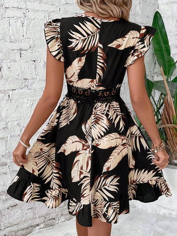 Plant Print Patchwork Lace Ruffle Hem Dress