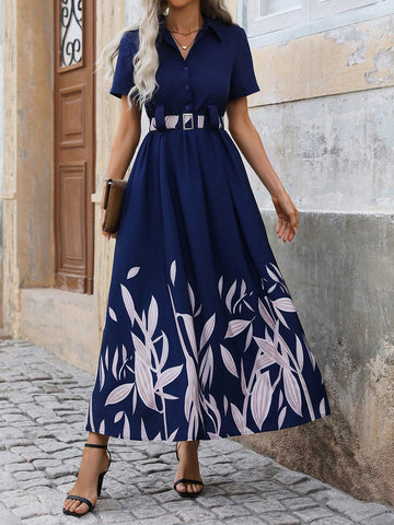 Plant Print Short Sleeve Button Up Shirt Dress