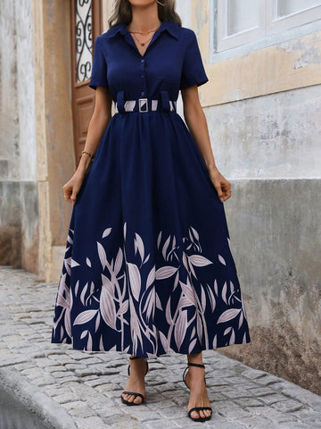 Plant Print Short Sleeve Button Up Shirt Dress