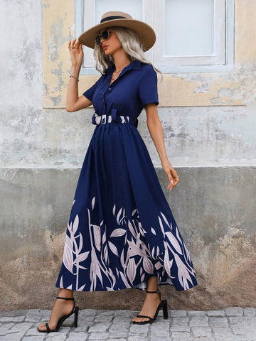 Plant Print Short Sleeve Button Up Shirt Dress