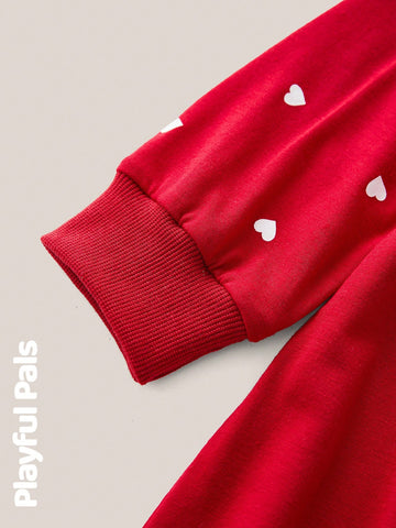 Playful Pals 1 Pc Young Girls Dresses Classic Sleeve Heart Dots Fun Print Red A-Line Dress