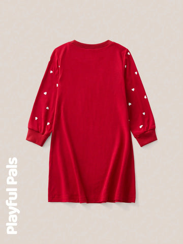 Playful Pals 1 Pc Young Girls Dresses Classic Sleeve Heart Dots Fun Print Red A-Line Dress
