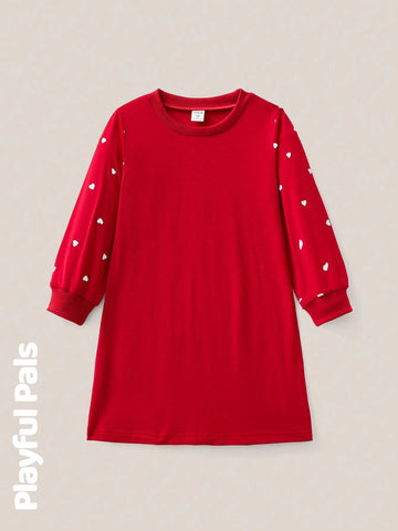Playful Pals 1 Pc Young Girls Dresses Classic Sleeve Heart Dots Fun Print Red A-Line Dress