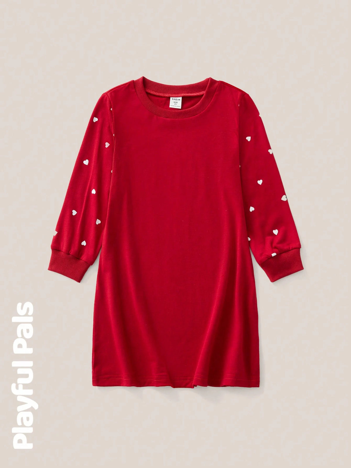 Playful Pals 1 Pc Young Girls Dresses Classic Sleeve Heart Dots Fun Print Red A-Line Dress