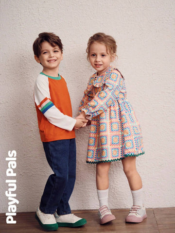 Playful Pals 1 Pc Young Girls Dresses Geometric Pattern Design Ruffled Peter Pan Collar Skirt Patchwork Wavy Lines Cute/Vintage/Casual/Outing Autumn/Winter/Spring