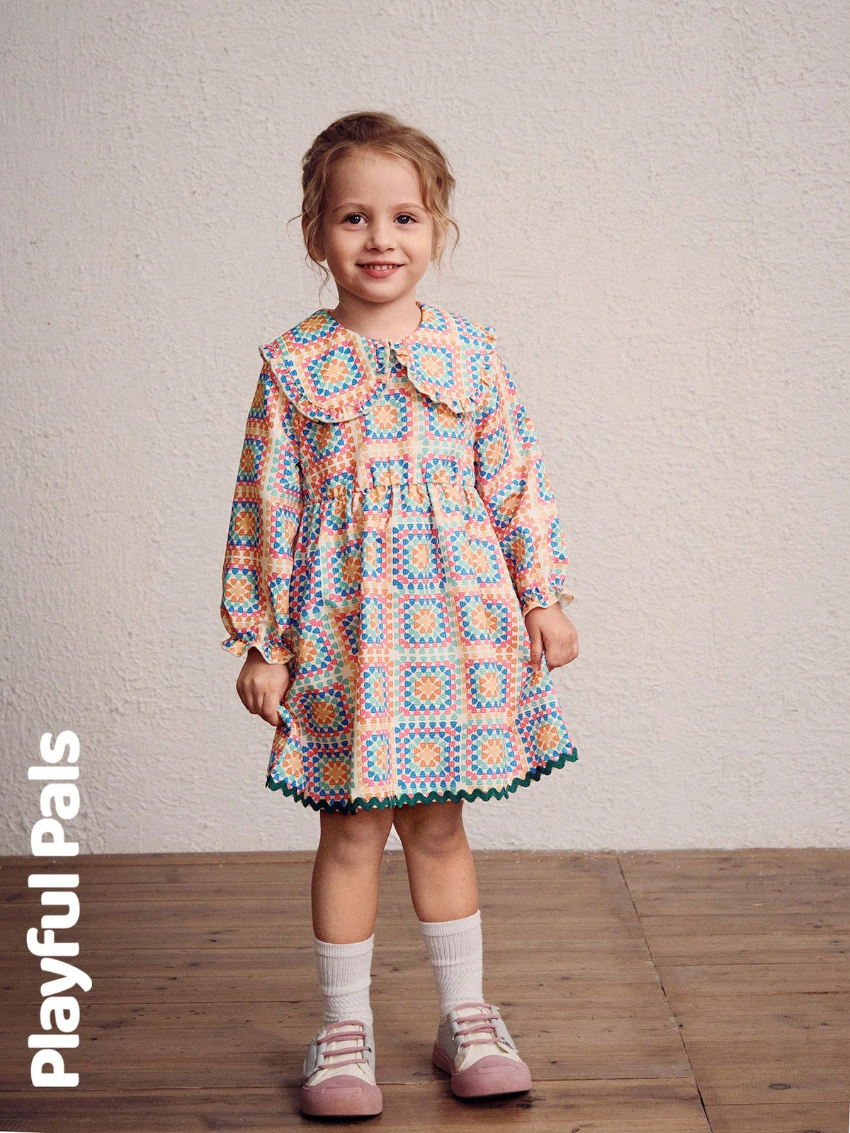 Playful Pals 1 Pc Young Girls Dresses Geometric Pattern Design Ruffled Peter Pan Collar Skirt Patchwork Wavy Lines Cute/Vintage/Casual/Outing Autumn/Winter/Spring