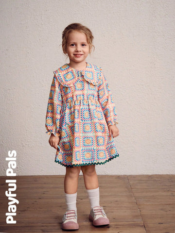 Playful Pals 1 Pc Young Girls Dresses Geometric Pattern Design Ruffled Peter Pan Collar Skirt Patchwork Wavy Lines Cute/Vintage/Casual/Outing Autumn/Winter/Spring