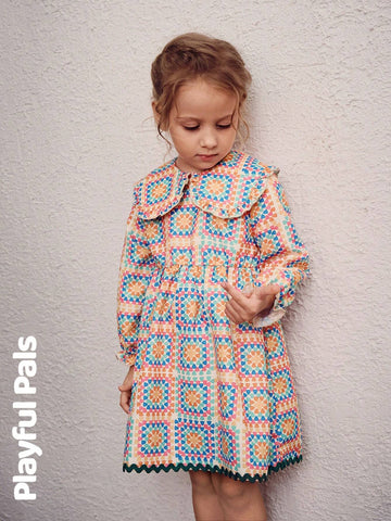 Playful Pals 1 Pc Young Girls Dresses Geometric Pattern Design Ruffled Peter Pan Collar Skirt Patchwork Wavy Lines Cute/Vintage/Casual/Outing Autumn/Winter/Spring