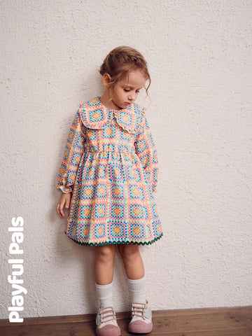 Playful Pals 1 Pc Young Girls Dresses Geometric Pattern Design Ruffled Peter Pan Collar Skirt Patchwork Wavy Lines Cute/Vintage/Casual/Outing Autumn/Winter/Spring