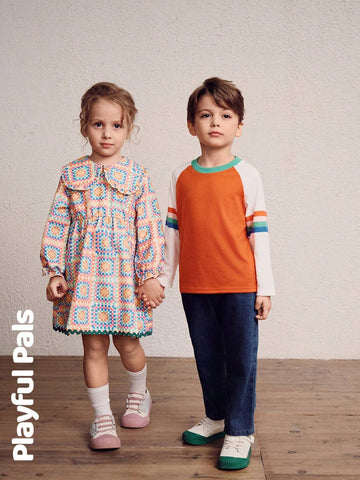 Playful Pals 1 Pc Young Girls Dresses Geometric Pattern Design Ruffled Peter Pan Collar Skirt Patchwork Wavy Lines Cute/Vintage/Casual/Outing Autumn/Winter/Spring
