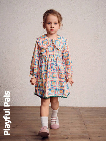 Playful Pals 1 Pc Young Girls Dresses Geometric Pattern Design Ruffled Peter Pan Collar Skirt Patchwork Wavy Lines Cute/Vintage/Casual/Outing Autumn/Winter/Spring