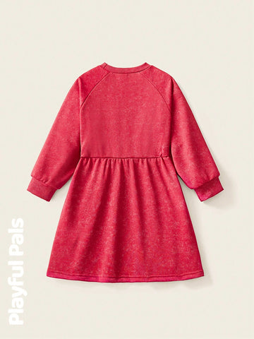 Playful Pals 1 Pc Young Girls Dresses Letter Slogan Wash Effect Cute/Retro/Casual/Home/Outdoor Winter/Fall Outfits Little Girl Clothes/Young Girl Fall Clothes