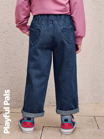 Playful Pals 1 Pc Young Girls Jeans Heart Pocket Basic Casual Cute/Vintage/Casual/Outing Fall/Winter/Spring Suitable For School And Outdoor Play