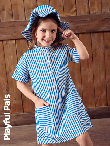 Playful Pals 1pc Classic Blue & White Striped Utility Style Girls Dress, Cute/Retro/Playful, Casual Basic Suitable For Any Occasion, Spring/Summer Outfit