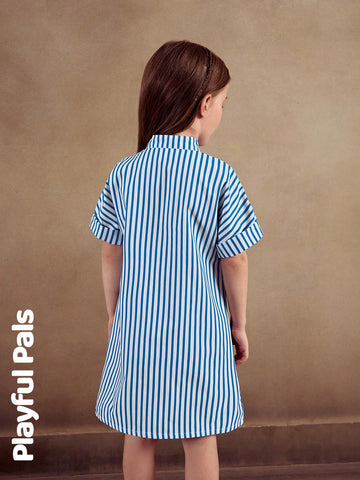 Playful Pals 1pc Classic Blue & White Striped Utility Style Girls Dress, Cute/Retro/Playful, Casual Basic Suitable For Any Occasion, Spring/Summer Outfit