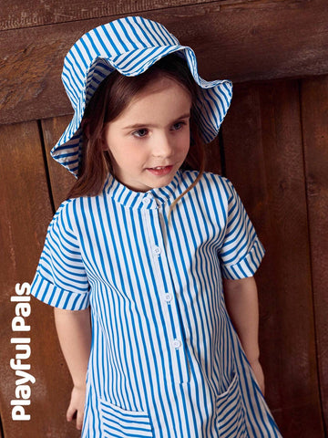 Playful Pals 1pc Classic Blue & White Striped Utility Style Girls Dress, Cute/Retro/Playful, Casual Basic Suitable For Any Occasion, Spring/Summer Outfit