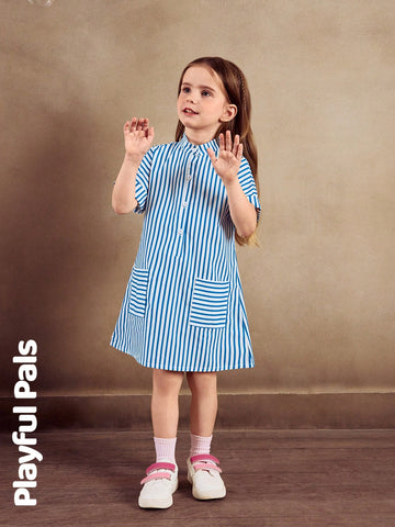 Playful Pals 1pc Classic Blue & White Striped Utility Style Girls Dress, Cute/Retro/Playful, Casual Basic Suitable For Any Occasion, Spring/Summer Outfit