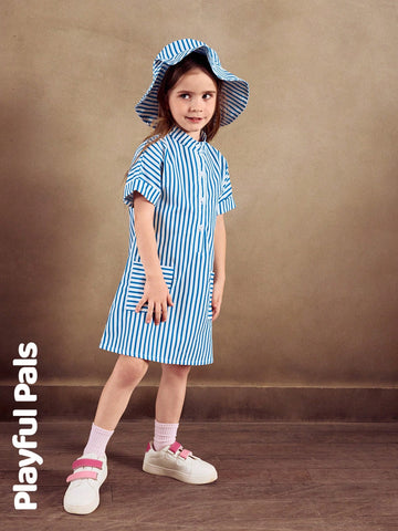Playful Pals 1pc Classic Blue & White Striped Utility Style Girls Dress, Cute/Retro/Playful, Casual Basic Suitable For Any Occasion, Spring/Summer Outfit