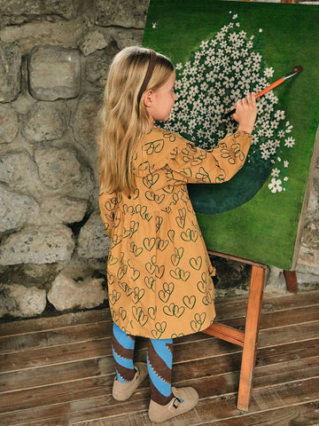 Playful Pals 1pc Cute/Retro/Casual Heart Print Dress With Ruffled Collar And Long Sleeves For Young Girls, Suitable For Indoor And Outdoor