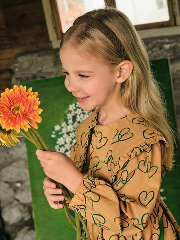 Playful Pals 1pc Cute/Retro/Casual Heart Print Dress With Ruffled Collar And Long Sleeves For Young Girls, Suitable For Indoor And Outdoor