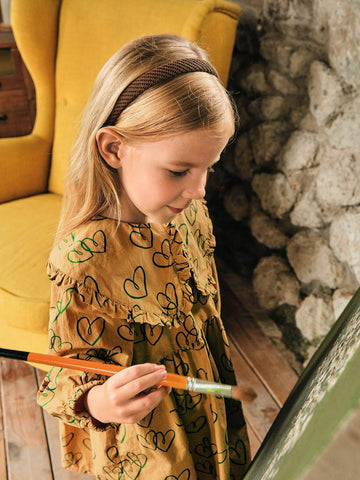 Playful Pals 1pc Cute/Retro/Casual Heart Print Dress With Ruffled Collar And Long Sleeves For Young Girls, Suitable For Indoor And Outdoor