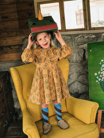 Playful Pals 1pc Cute/Retro/Casual Heart Print Dress With Ruffled Collar And Long Sleeves For Young Girls, Suitable For Indoor And Outdoor