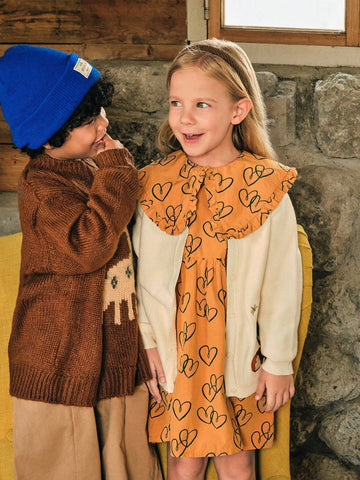 Playful Pals 1pc Cute/Retro/Casual Heart Print Dress With Ruffled Collar And Long Sleeves For Young Girls, Suitable For Indoor And Outdoor