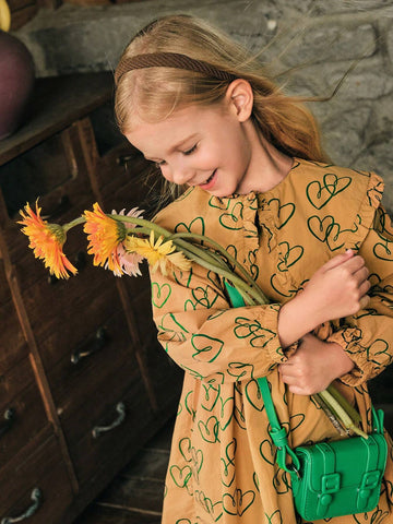 Playful Pals 1pc Cute/Retro/Casual Heart Print Dress With Ruffled Collar And Long Sleeves For Young Girls, Suitable For Indoor And Outdoor