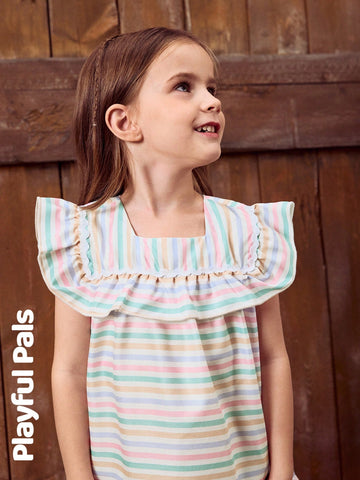 Playful Pals 1pc Girl's Striped Ruffle Hem Dress, Cute/Vintage/Playful Basic Casual Wear For Any Occasion, Spring/Summer Outfits
