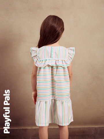 Playful Pals 1pc Girl's Striped Ruffle Hem Dress, Cute/Vintage/Playful Basic Casual Wear For Any Occasion, Spring/Summer Outfits