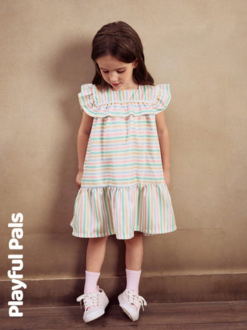 Playful Pals 1pc Girl's Striped Ruffle Hem Dress, Cute/Vintage/Playful Basic Casual Wear For Any Occasion, Spring/Summer Outfits