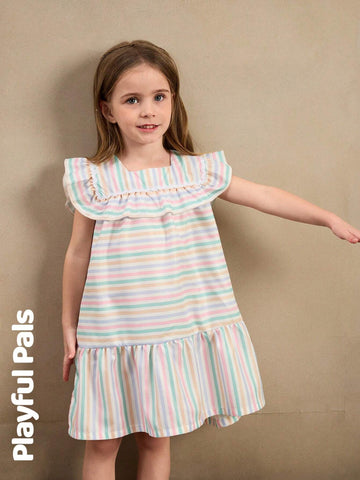 Playful Pals 1pc Girl's Striped Ruffle Hem Dress, Cute/Vintage/Playful Basic Casual Wear For Any Occasion, Spring/Summer Outfits
