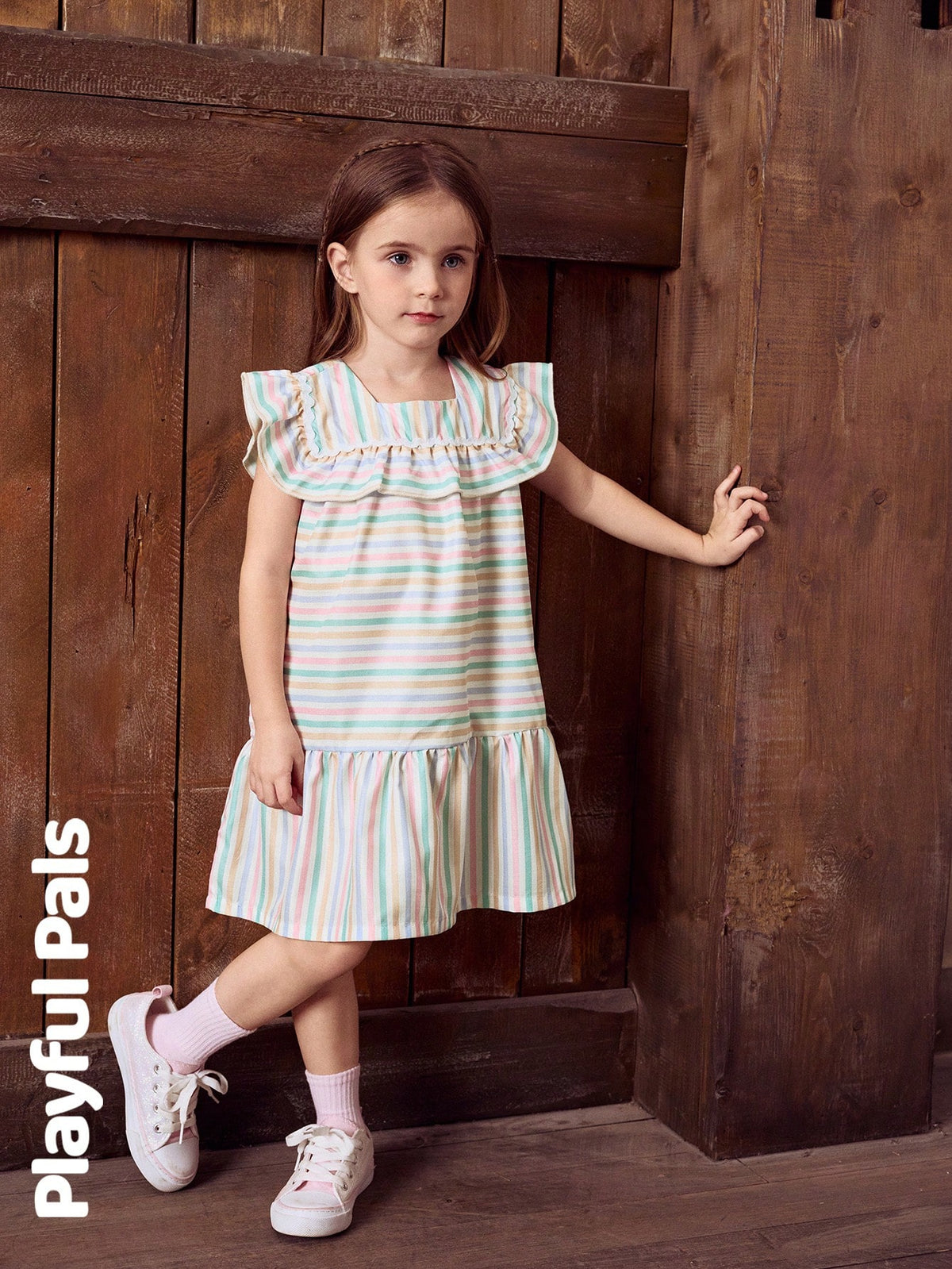 Playful Pals 1pc Girl's Striped Ruffle Hem Dress, Cute/Vintage/Playful Basic Casual Wear For Any Occasion, Spring/Summer Outfits