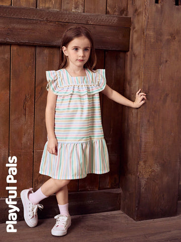 Playful Pals 1pc Girl's Striped Ruffle Hem Dress, Cute/Vintage/Playful Basic Casual Wear For Any Occasion, Spring/Summer Outfits