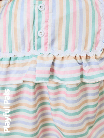 Playful Pals 1pc Girl's Striped Ruffle Hem Dress, Cute/Vintage/Playful Basic Casual Wear For Any Occasion, Spring/Summer Outfits