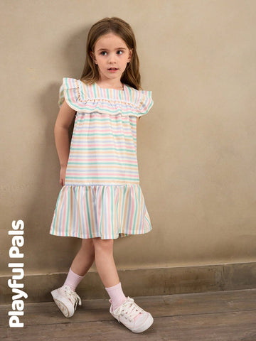 Playful Pals 1pc Girl's Striped Ruffle Hem Dress, Cute/Vintage/Playful Basic Casual Wear For Any Occasion, Spring/Summer Outfits